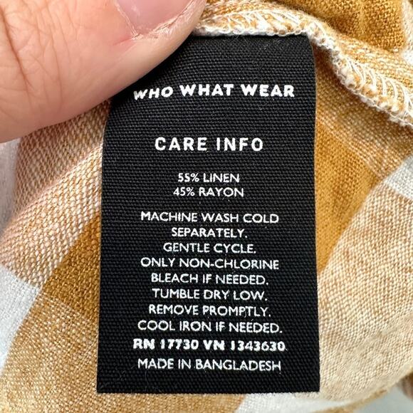 WHO WHAT WEAR | Gold Gingham Peplum Top Puff Sleeve Linen Blend Blouse | Large - Picture 7 of 7